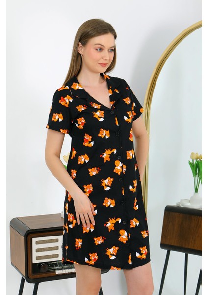 Akbeniz Kadın Pamuk Penye Kısa Kol Düğmeli Siyah Tunik Gecelik 13111HBCV00008E1B62