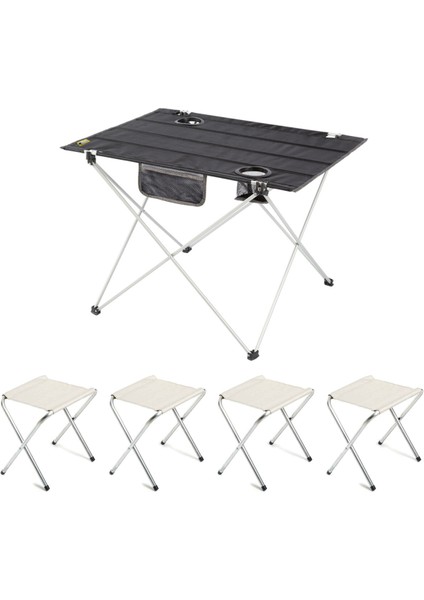Funky Chaırs Ultralight Katlanır Kamp Masası + 4 Adet Katlanabilir Tabure - Siyah