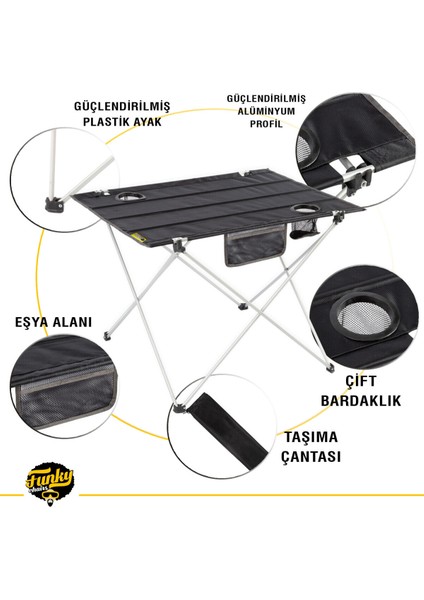 Funky Chaırs Ultralight Katlanır Kamp Masası + 4 Adet Katlanabilir Tabure - Siyah indirimleri