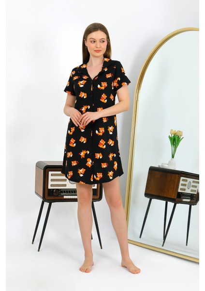 Akbeniz Kadın Pamuk Penye Kısa Kol Düğmeli Siyah Tunik Gecelik 13111HBCV00008E1BQY fırsatları