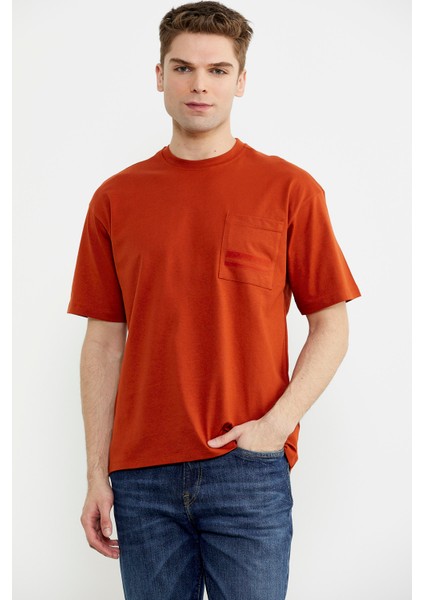 Bisiklet Yaka Oversize Pamuk Tişört - Kiremit