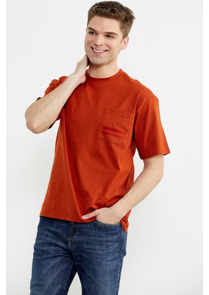 Bisiklet Yaka Oversize Pamuk Tişört - Kiremit fiyatları