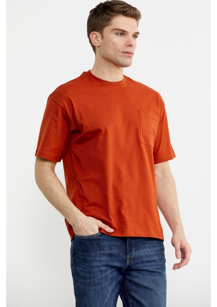 Bisiklet Yaka Oversize Pamuk Tişört - Kiremit modelleri