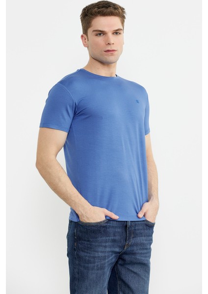 Sıfır Yaka Basic Tişört - Saks