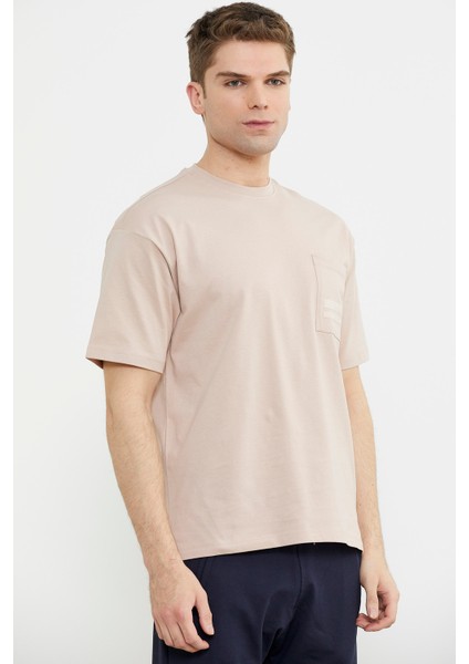 Bisiklet Yaka Oversize Pamuk Tişört - Pudra modelleri