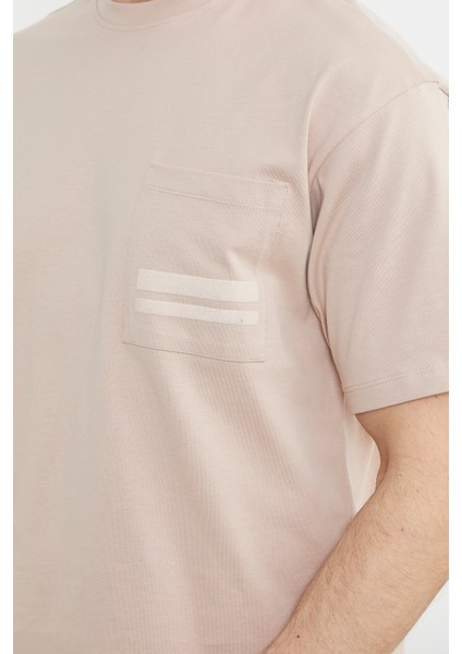 Bisiklet Yaka Oversize Pamuk Tişört - Pudra indirimleri