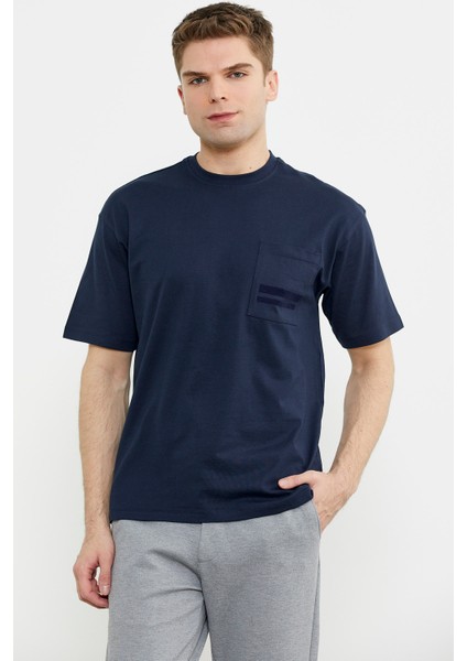 Bisiklet Yaka Oversize Pamuk Tişört - Lacivert