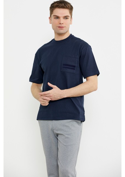 Bisiklet Yaka Oversize Pamuk Tişört - Lacivert modelleri