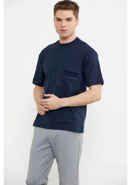 Bisiklet Yaka Oversize Pamuk Tişört - Lacivert fırsatları