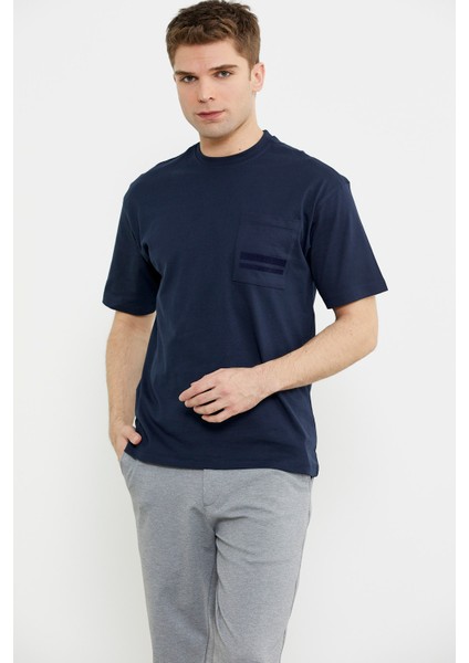 Bisiklet Yaka Oversize Pamuk Tişört - Lacivert indirimleri