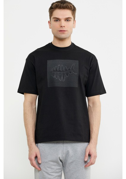 Oversize Baskılı Pamuk Tişört - Siyah