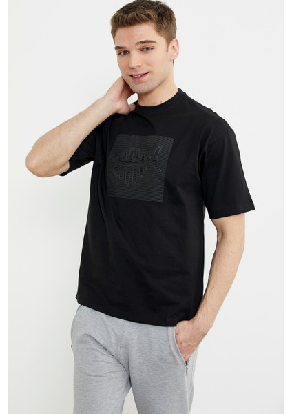 Oversize Baskılı Pamuk Tişört - Siyah fırsatları