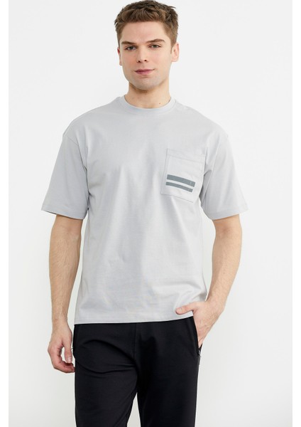 Bisiklet Yaka Oversize Pamuk Tişört - Açık Gri