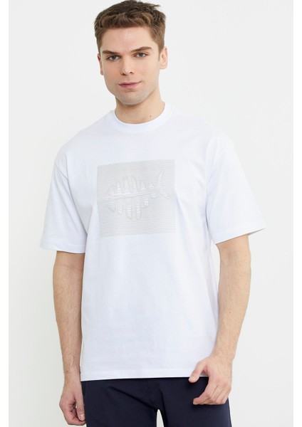 Oversize Baskılı Pamuk Tişört - Beyaz fırsatları