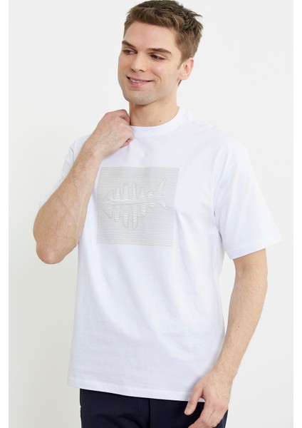 Oversize Baskılı Pamuk Tişört - Beyaz indirimleri