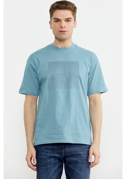 Oversize Baskılı Pamuk Tişört - Mavi