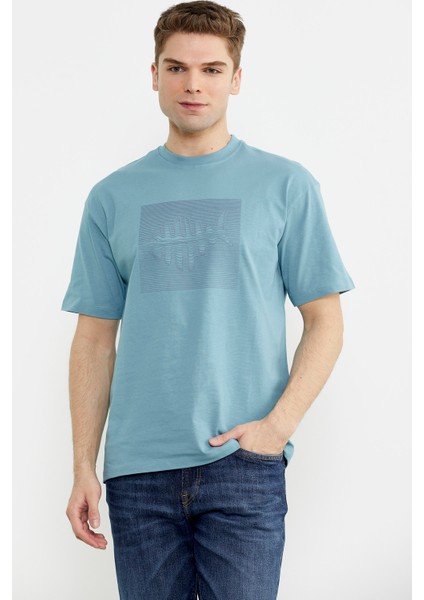 Oversize Baskılı Pamuk Tişört - Mavi fiyatları