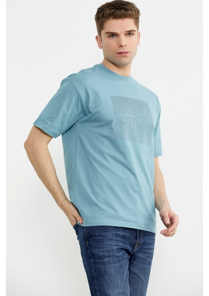 Oversize Baskılı Pamuk Tişört - Mavi modelleri