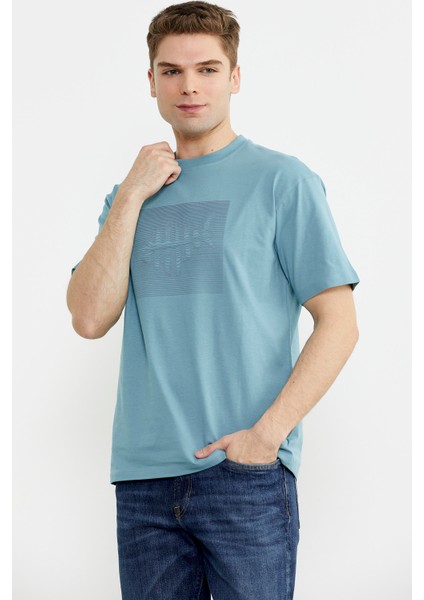 Oversize Baskılı Pamuk Tişört - Mavi fırsatları
