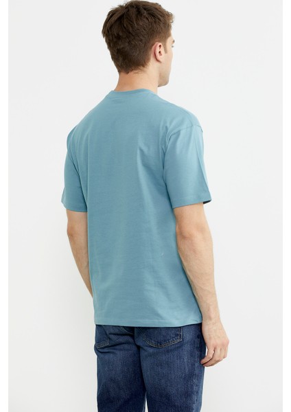 Oversize Baskılı Pamuk Tişört - Mavi indirimleri