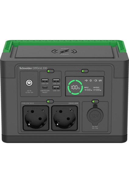 Schneider Offgrid Taşınabilir Güç Istasyonu 330, 230V, 332WH Lityum-Iyon, Lcd, 2 Cee 7/3 Schuko Çıkışı, 3 Usb-A, 1 Usb-C, Kablosuz Şarj Cihazı