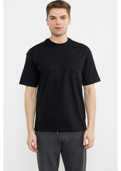 Bisiklet Yaka Oversize Pamuk Tişört - Siyah