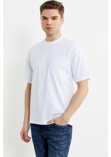 Bisiklet Yaka Oversize Pamuk Tişört - Beyaz