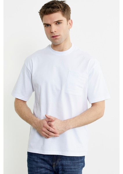 Bisiklet Yaka Oversize Pamuk Tişört - Beyaz modelleri