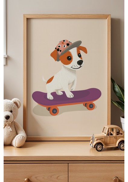 Sevimli Kaykaycı Köpek Çocuk ve Bebek Odası Ahşap Çerçeveli Duvar Tablosu