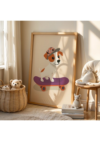 Sevimli Kaykaycı Köpek Çocuk ve Bebek Odası Ahşap Çerçeveli Duvar Tablosu fiyatları