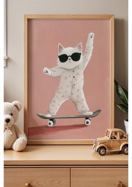 Kaykaycı Cool Kedi Çocuk Odası ve Bebek Odası Ahşap Çerçeveli Duvar Tablosu