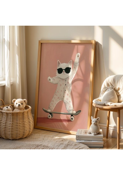 Kaykaycı Cool Kedi Çocuk Odası ve Bebek Odası Ahşap Çerçeveli Duvar Tablosu fiyatları