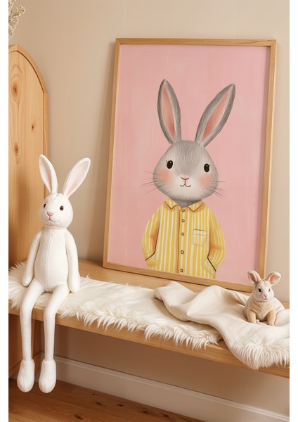 Sevimli Pijamalı Dişi Tavşan Çocuk Odası ve Bebek Odası Ahşap Çerçeveli Duvar Tablosu