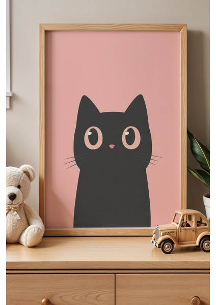 Sevimli Kedi Çocuk Odası ve Bebek Odası Ahşap Çerçeveli Duvar Tablosu