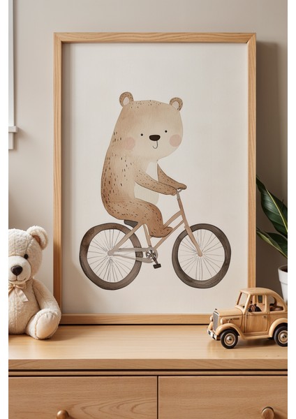 Sevimli Bisiklet Süren Ayı Çocuk Odası ve Bebek Odası Ahşap Çerçeveli Duvar Tablosu