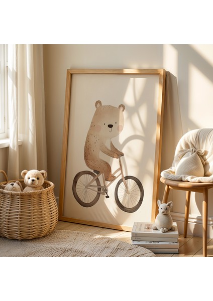 Sevimli Bisiklet Süren Ayı Çocuk Odası ve Bebek Odası Ahşap Çerçeveli Duvar Tablosu fiyatları