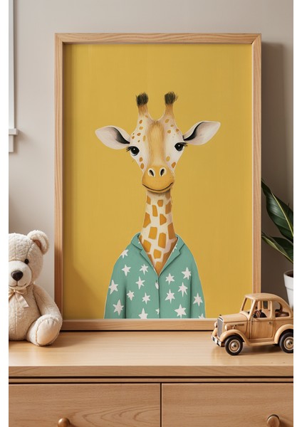 Sevimli Pijamalı Zürafa Çocuk Odası ve Bebek Odası Ahşap Çerçeveli Duvar Tablosu