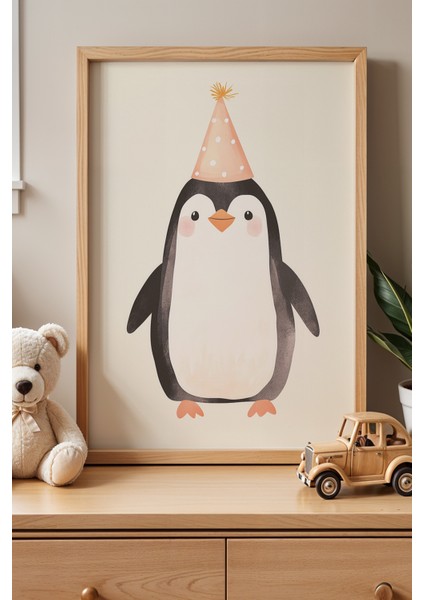Sevimli Penguen Çocuk Odası ve Bebek Odası Ahşap Çerçeveli Duvar Tablosu