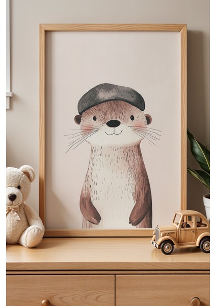 Sevimli Su Samuru Çocuk ve Bebek Odası Ahşap Çerçeveli Duvar Tablosu