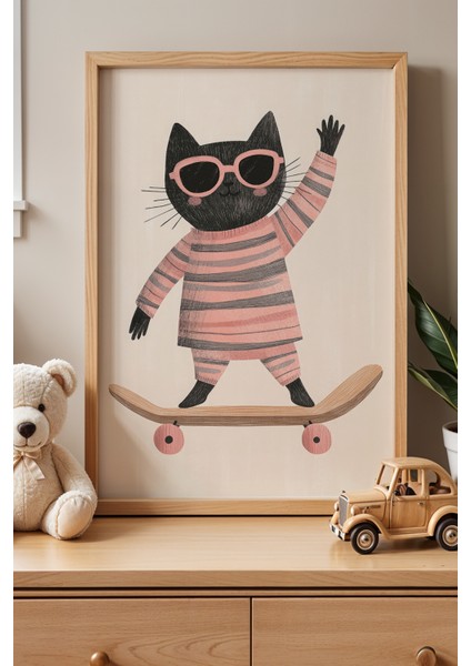 Sevimli Kedi Çocuk Odası ve Bebek Odası Ahşap Çerçeveli Duvar Tablosu