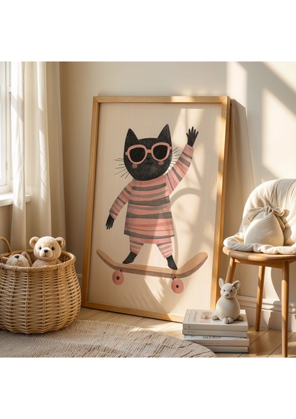 Sevimli Kedi Çocuk Odası ve Bebek Odası Ahşap Çerçeveli Duvar Tablosu fiyatları