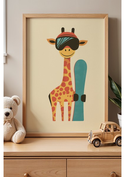 Sevimli Zürafa Çocuk Odası ve Bebek Odası Ahşap Çerçeveli Duvar Tablosu