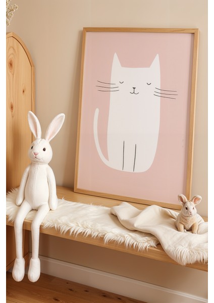 Sevimli Kedi Çocuk Odası ve Bebek Odası Ahşap Çerçeveli Duvar Tablosu