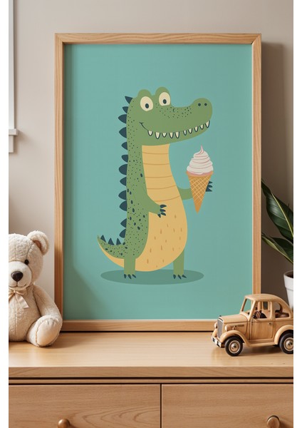 Sevimli Timsah Çocuk Odası ve Bebek Odası Ahşap Çerçeveli Duvar Tablosu