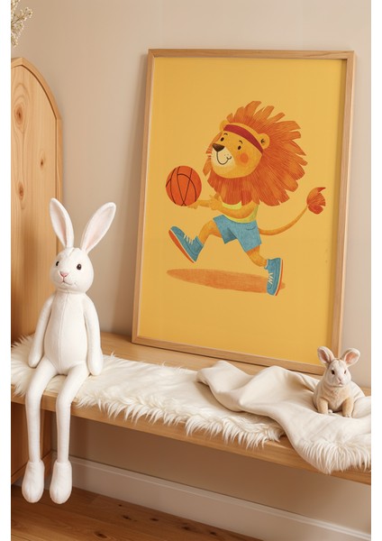 Sevimli Aslan Çocuk Odası ve Bebek Odası Ahşap Çerçeveli Duvar Tablosu