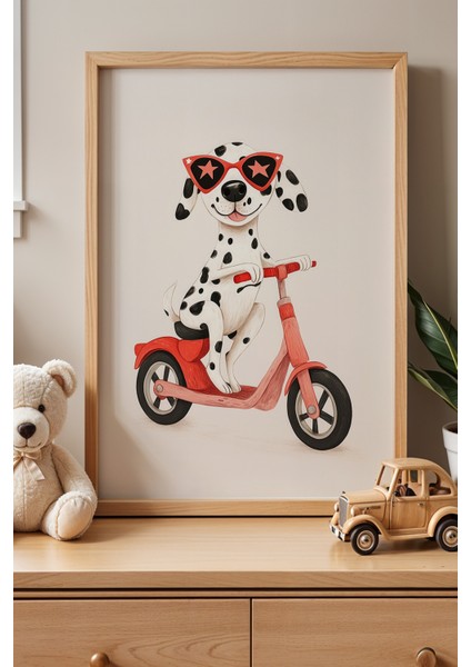 Sevimli Bisiklet Süren Köpek Çocuk Odası ve Bebek Odası Ahşap Çerçeveli Duvar Tablosu