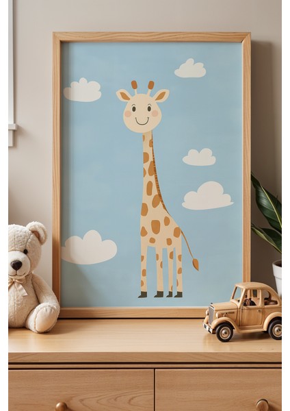 Sevimli Zürafa Çocuk Odası ve Bebek Odası Ahşap Çerçeveli Duvar Tablosu