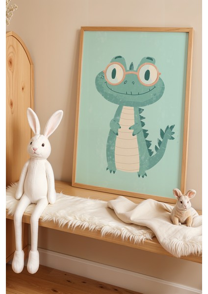 Sevimli Timsah Çocuk ve Bebek Odası Ahşap Çerçeveli Duvar Tablosu