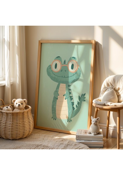 Sevimli Timsah Çocuk ve Bebek Odası Ahşap Çerçeveli Duvar Tablosu fiyatları