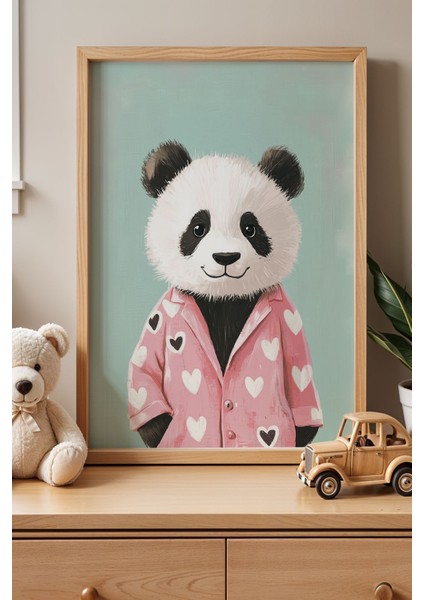 Sevimli Pijamalı Panda Çocuk Odası ve Bebek Odası Ahşap Çerçeveli Duvar Tablosu